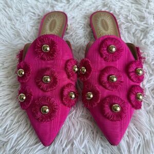 Aquazurra Pink Satin Sunflower Studded Embellished Mules Size 36